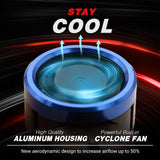 Cyclone fan with blue light on a dark background, featuring text about its features.