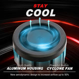 Cyclone fan with blue cooling effect on a black background, featuring text about quality and airflow.
