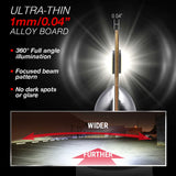 Ultra-thin alloy board with 360-degree illumination and focused beam pattern, shown with a car light and road scene.
