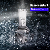 Light bulb with water droplets and text indicating rain-resistant and IP65 waterproof test on a dark background.