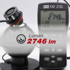 Luminous flux meter displaying 2746 lumens next to a light bulb with Lumen branding.