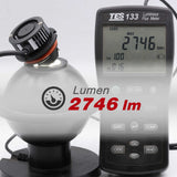 Luminous flux meter displaying 2746 lumens next to a light bulb with Lumen branding.