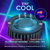 Heat sink with text 'Stay Cool' and features highlighted on a dark background