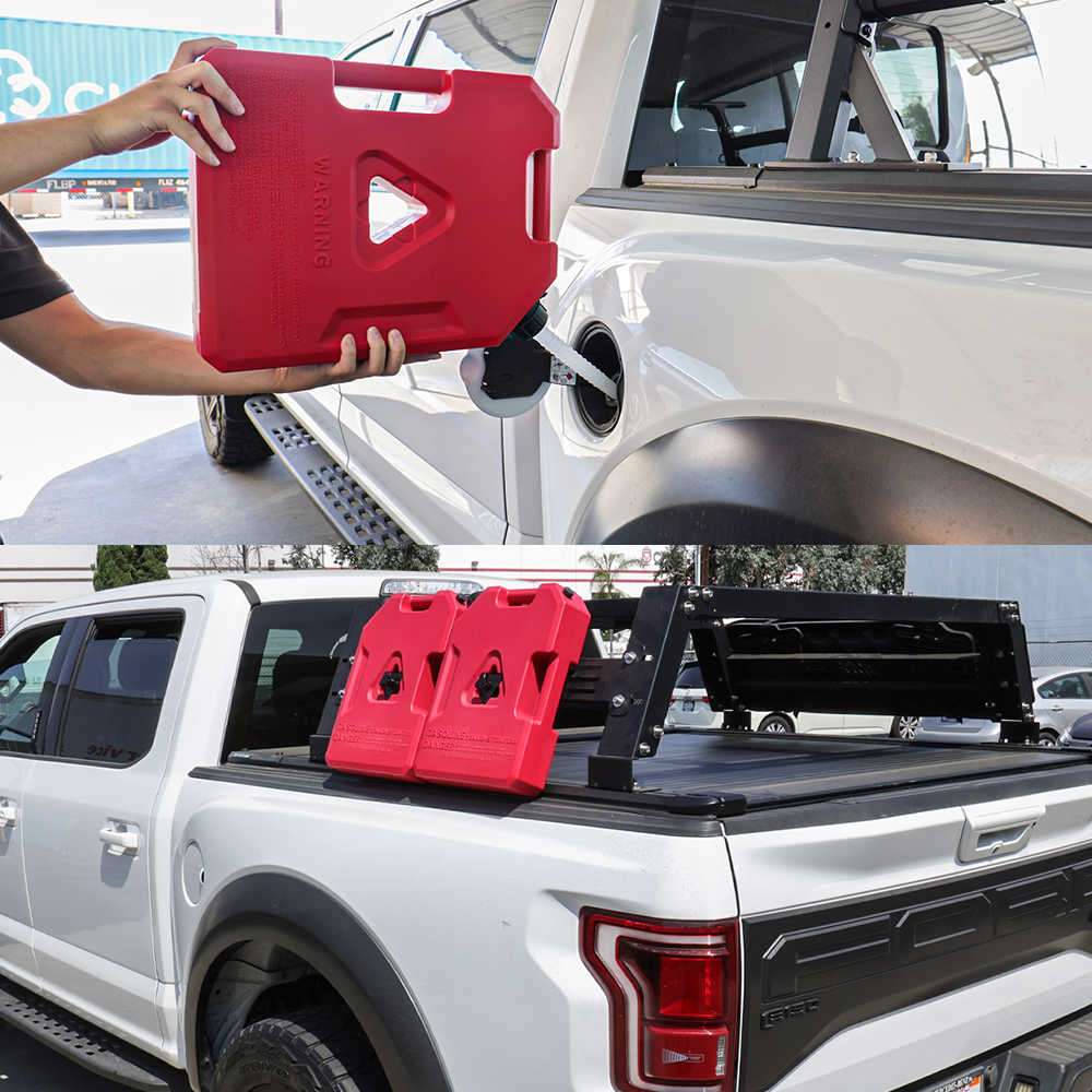 Red portable fuel can for Ford F-150 truck, shown refueling and mounted in bed with tonneau cover