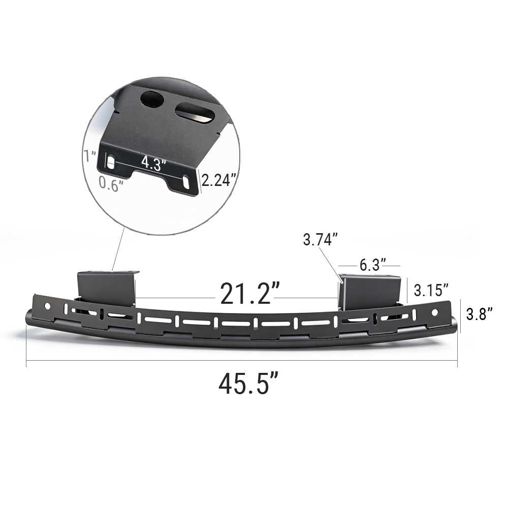 Black metal bumper with measurements on a white background