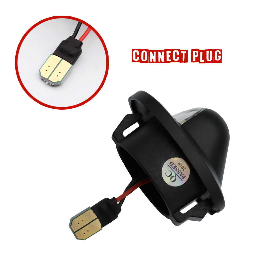 A black automotive light housing with a gold-plated connector plug and red/black wire, shown on a white background with a circular inset of the plug and the text 'CONNECT PLUG'.