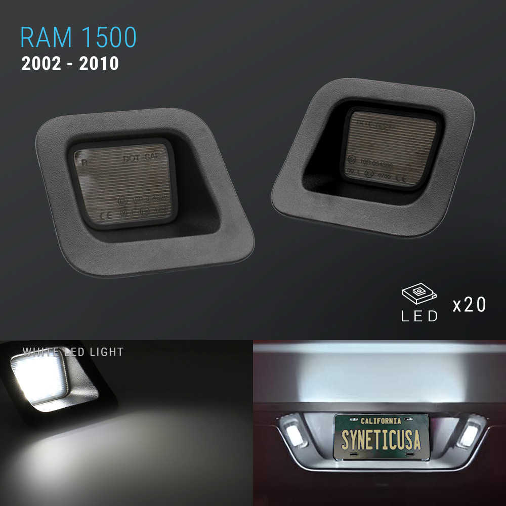 A set of four car interior LED license plate lights for Ram 1500 (2002-2010 models). The image shows the four square-shaped light units in the dark, along with a demonstration of the bright white LED light output and a license plate illuminated in a real car interior setting.
