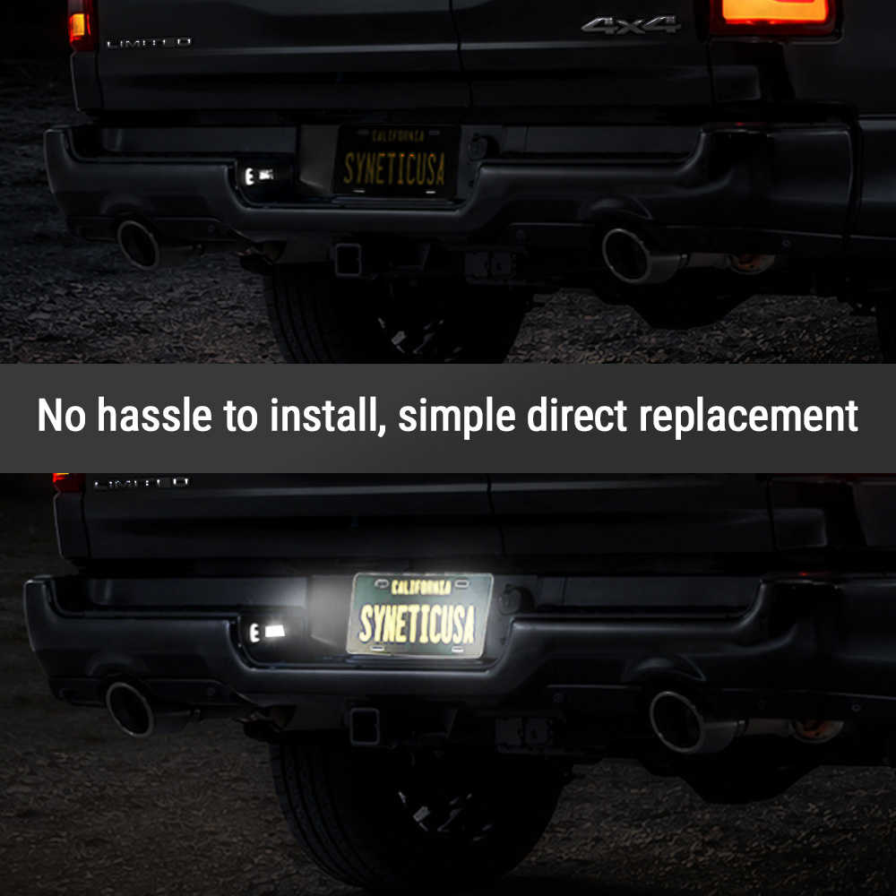 A rear view of a black truck showing a license plate light installed on the left side of the bumper, with a text overlay that reads 'No hassle to install, simple direct replacement'.