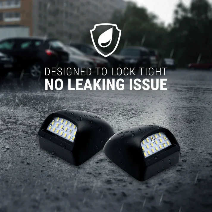 Two black waterproof LED light bars shown on wet pavement in the rain, with overlaid text reading 'DESIGNED TO LOCK TIGHT' and 'NO LEAKING ISSUE' plus a shield icon.