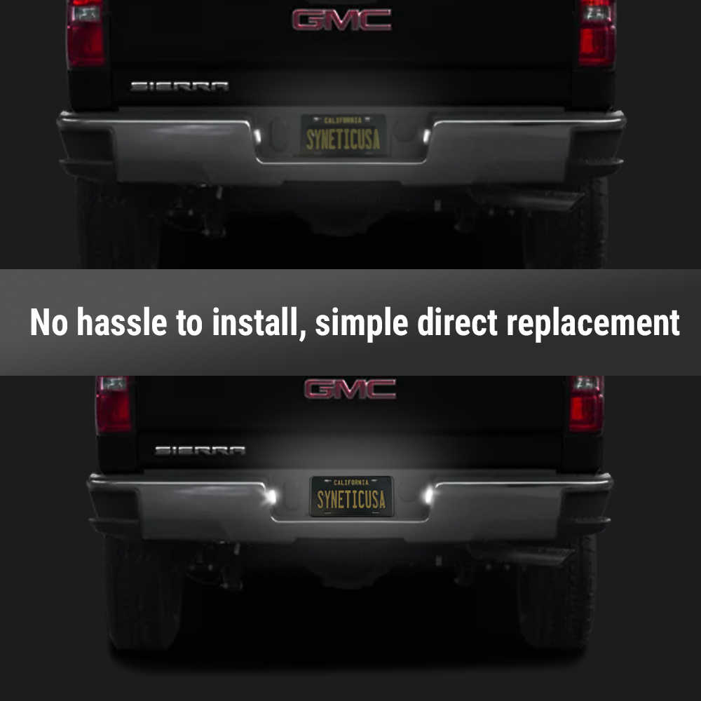 A product comparison showing a pair of bright white LED light bars mounted on the bumper of a black GMC Sierra truck. The top image shows the truck with no lights illuminated, and the bottom image shows the same truck with the white light bars turned on, casting a bright glow.