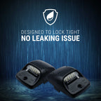 Two black LED lights with a blue water droplet background and text 'Designed to lock tight, no leaking issue'.