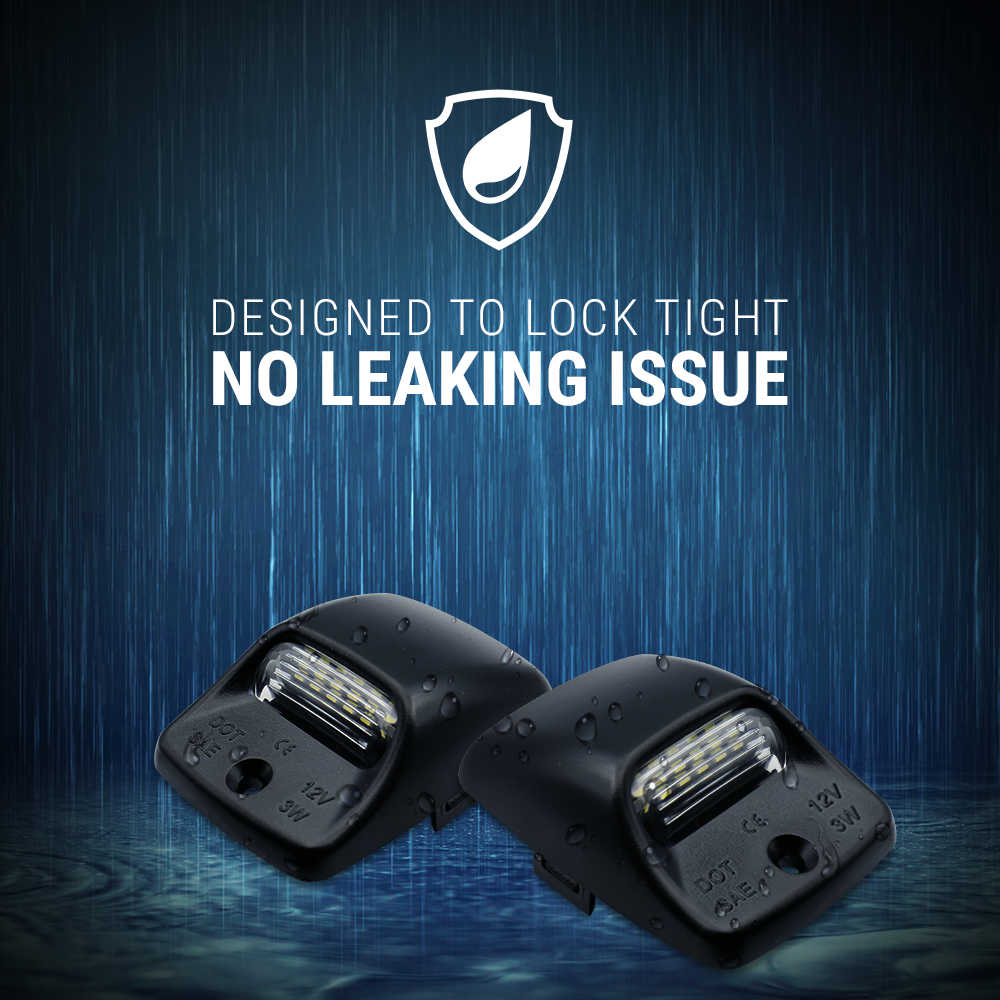 Two black LED lights with a blue water droplet background and text 'Designed to lock tight, no leaking issue'.