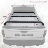 Measurement chart for a truck bed cover on a RAM truck with dimensions labeled.