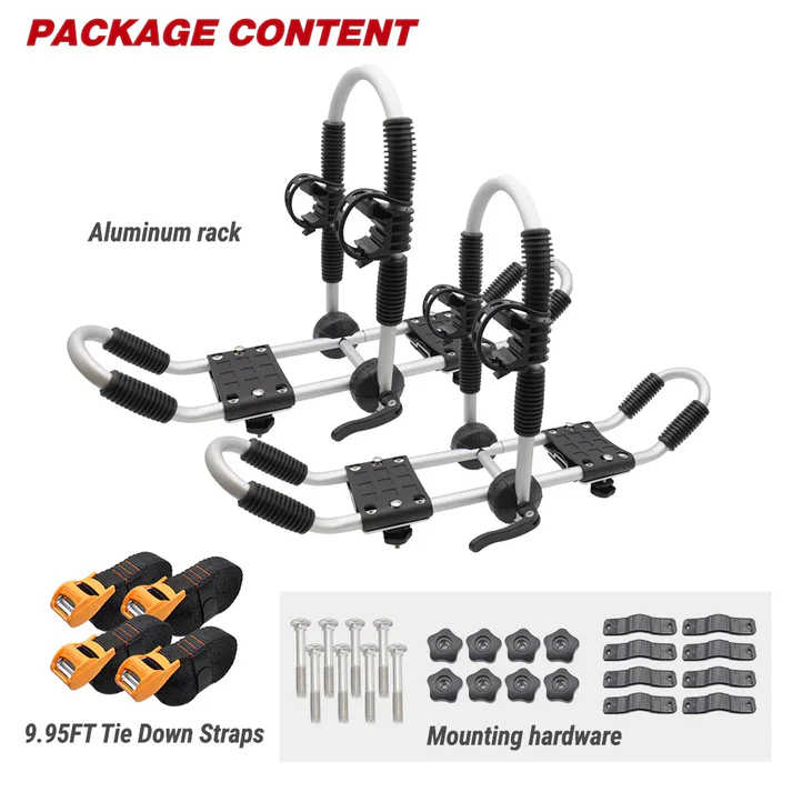 Aluminum double bicycle rack with black and orange tie-down straps and mounting hardware, shown on a white background with text labels reading 'PACKAGE CONTENT', 'Aluminum rack', '9.95FT Tie Down Straps', and 'Mounting hardware'.