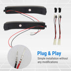 A pair of black car interior light switch modules with attached red and black wires, shown alongside matching connector plugs and a circular inset demonstrating plug-and-play connection. Blue text on the image reads 'Plug & Play' and 'Simple installation without any modifications.