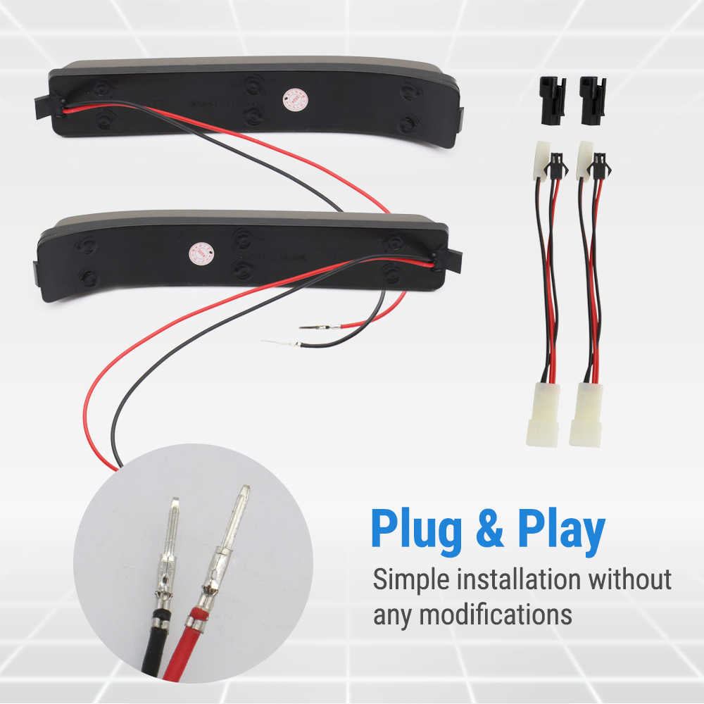 A pair of black car interior light switch modules with attached red and black wires, shown alongside matching connector plugs and a circular inset demonstrating plug-and-play connection. Blue text on the image reads 'Plug & Play' and 'Simple installation without any modifications.