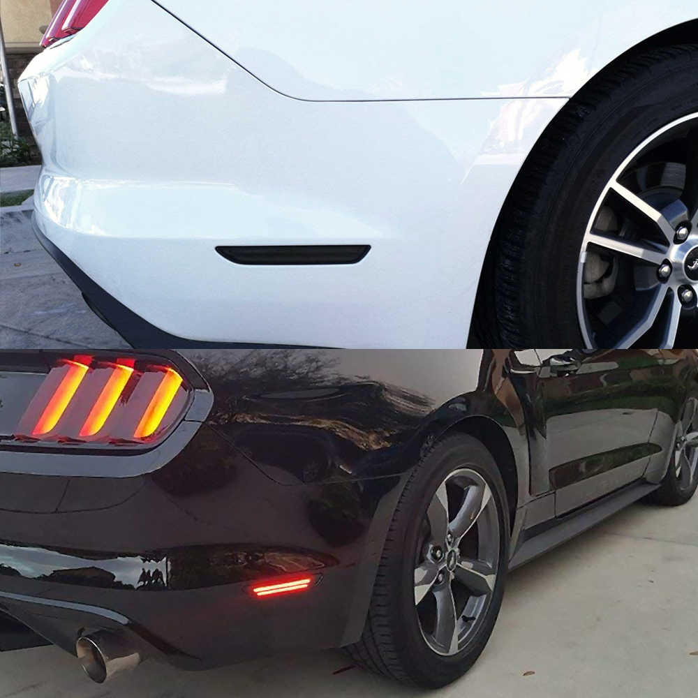 Close-up of the rear bumper area of a white car, showing a black horizontal trim piece and a red illuminated side marker light, with a second inset view below showing the same area on a black car.