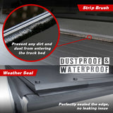 Car truck bed cover with strip brush and weather seal features, emphasizing dustproof and waterproof qualities.