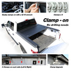 Trunk lid clamping system with installation instructions and features on a white background