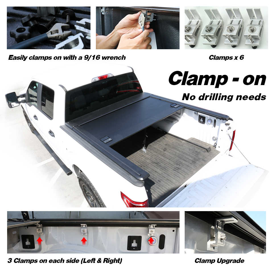 Trunk lid clamping system with installation instructions and features on a white background