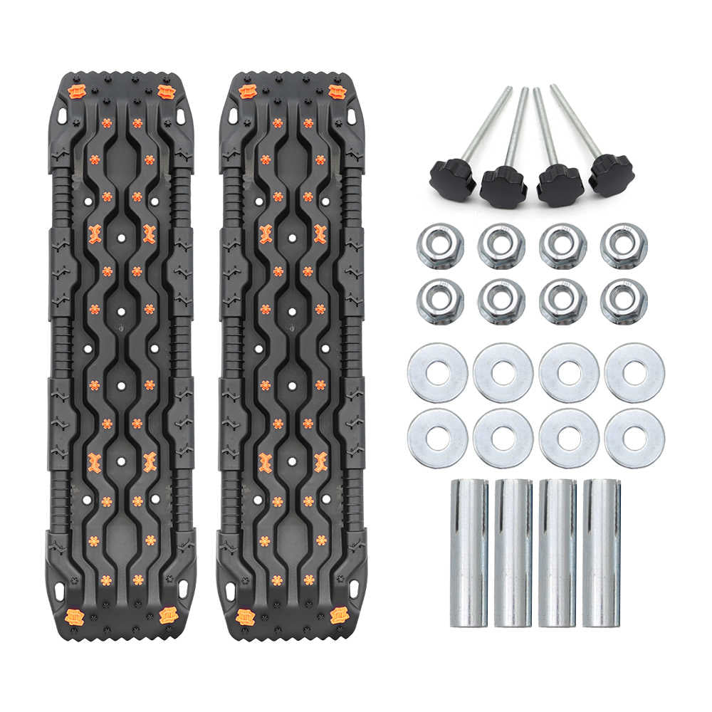 Black textured truck bed mats with orange accents and mounting hardware for trucks