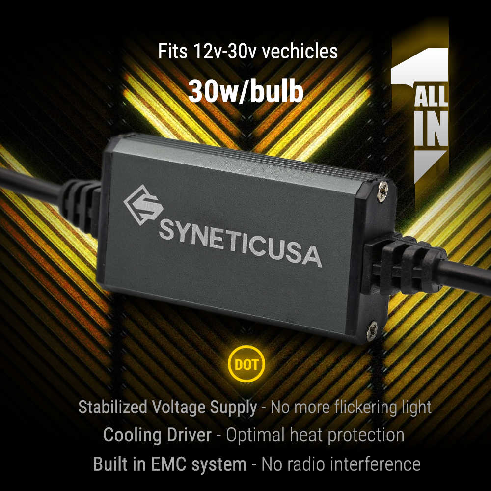 SYNETIC USA voltage stabilizer with text on a black and yellow striped background