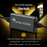 SYNETIC USA voltage stabilizer with text on a black and yellow striped background