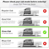 Comparison chart of Dodge Ram truck cab types with visual indicators.