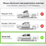 Comparison chart of Chevy Silverado/GMC Sierra truck cab types with visual indicators.