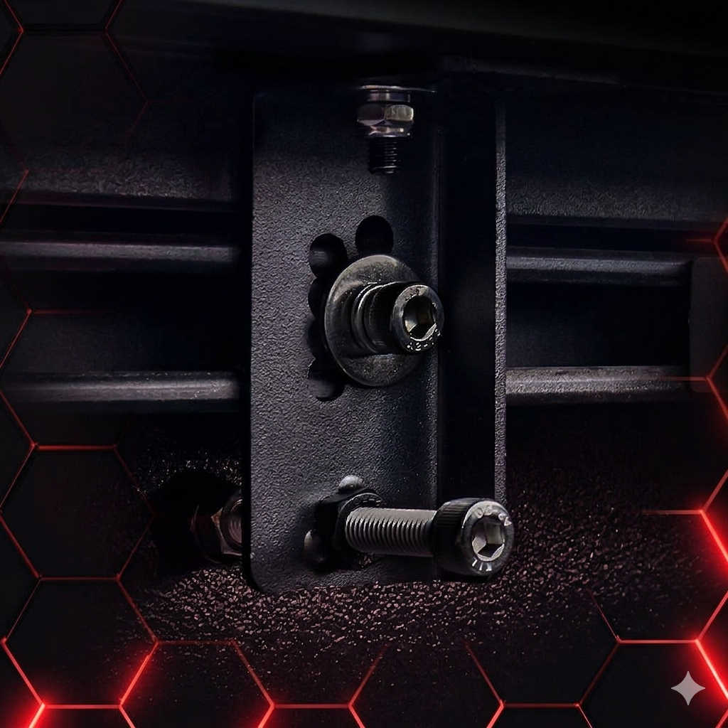 Close-up of a mechanical component with bolts on a dark background