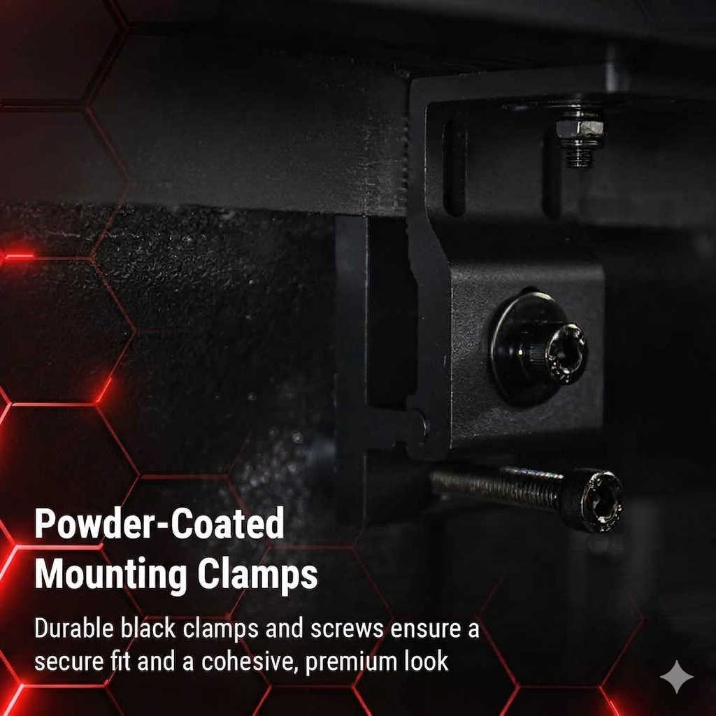 Powder-coated mounting clamps with text highlighting durability and appearance.