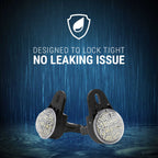 Two black waterproof LED wall lights shown against a dark blue rain-styled background with white text reading 'DESIGNED TO LOCK TIGHT NO LEAKING ISSUE' and a shield icon.