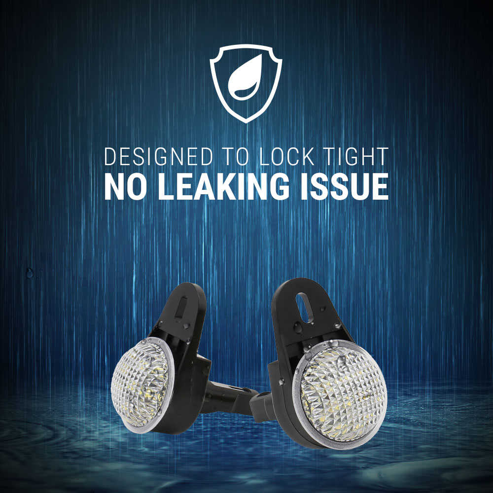 Two black waterproof LED wall lights shown against a dark blue rain-styled background with white text reading 'DESIGNED TO LOCK TIGHT NO LEAKING ISSUE' and a shield icon.