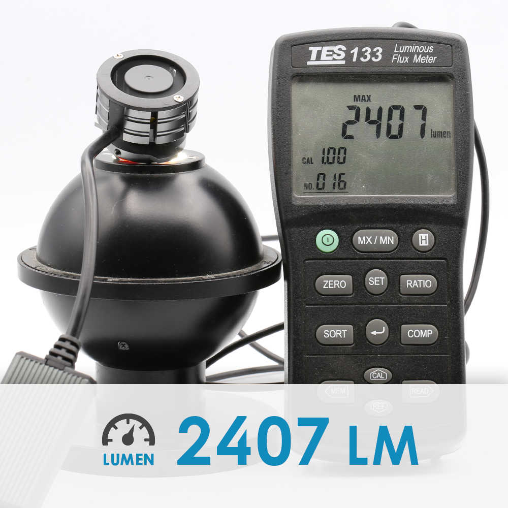 Luminous flux meter with digital display showing 2407 Lumen on a white background
