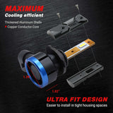 LED light bulb with text highlighting maximum cooling efficiency and ultra-fit design on a dark background
