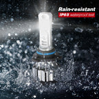Car headlight bulb with water splashes and 'Rain-resistant IP65 waterproof test' text on a dark background