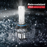 Car headlight bulb with water splashes and 'Rain-resistant IP65 waterproof test' text on a dark background