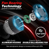 Advertisement for a high-quality LED light bulb with fan bearing technology, highlighting features like super quiet operation and increased airflow.