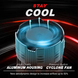 Cyclone fan with text 'Stay Cool' and product features on a dark background