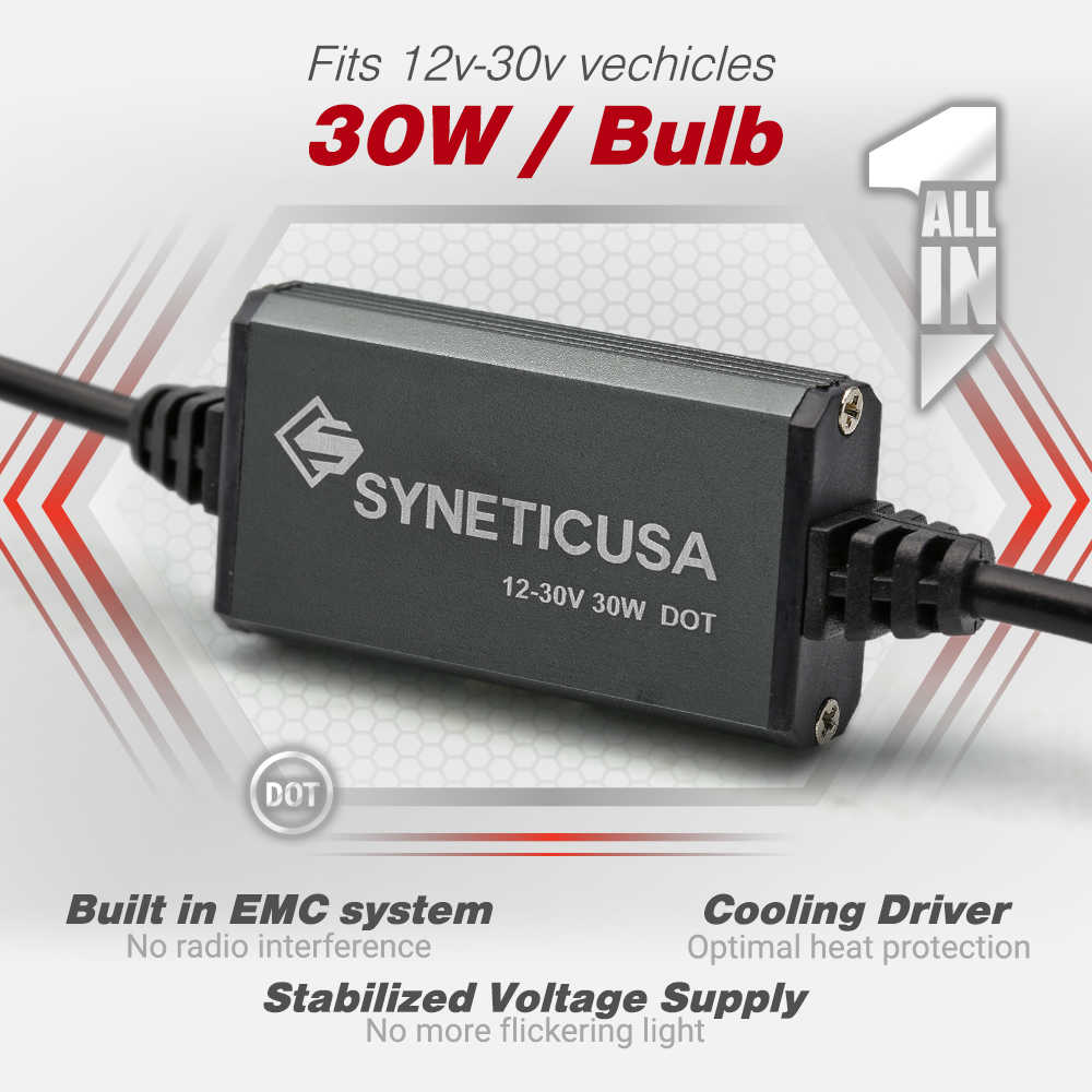electronic component for 12v-30v vehicles with text highlighting features on a white background.