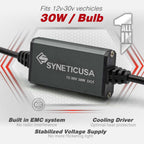 electronic component for 12v-30v vehicles with text highlighting features on a white background.