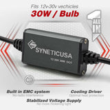 electronic component for 12v-30v vehicles with text highlighting features on a white background.