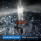Car headlight bulb with water splashes around it, labeled 'Rain-Resistant IP65 Waterproof test'.