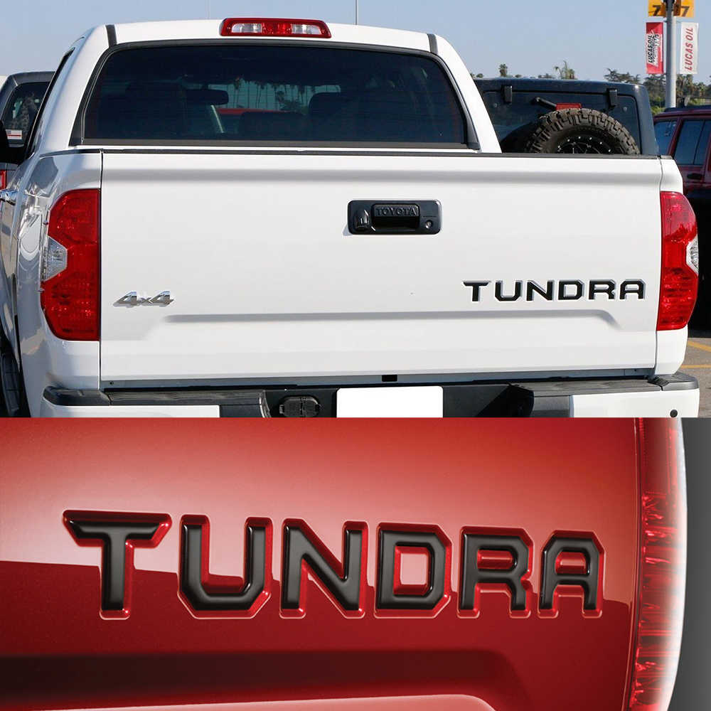 Toyota Tundra tailgate emblem badge for 4x4 truck, black 3D lettering on red and white pickup