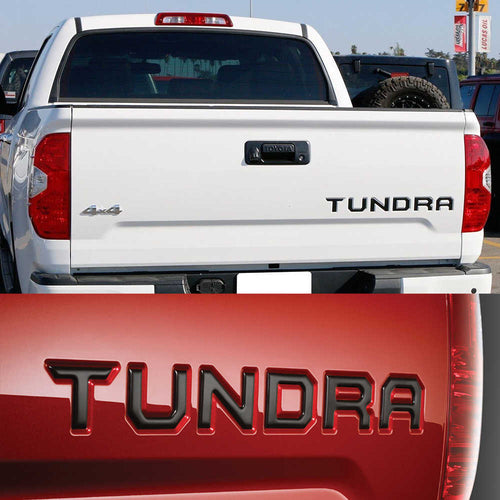 Toyota Tundra tailgate emblem badge for 4x4 truck, black 3D lettering on red and white pickup