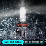 Car headlight bulb with water splashes and text indicating rain-resistant and IP65 waterproof test.