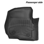 A black molded rubber car floor mat shown from the passenger side, with a textured tread pattern and raised side borders, on a white background with the text 'Passenger side' in the top right.