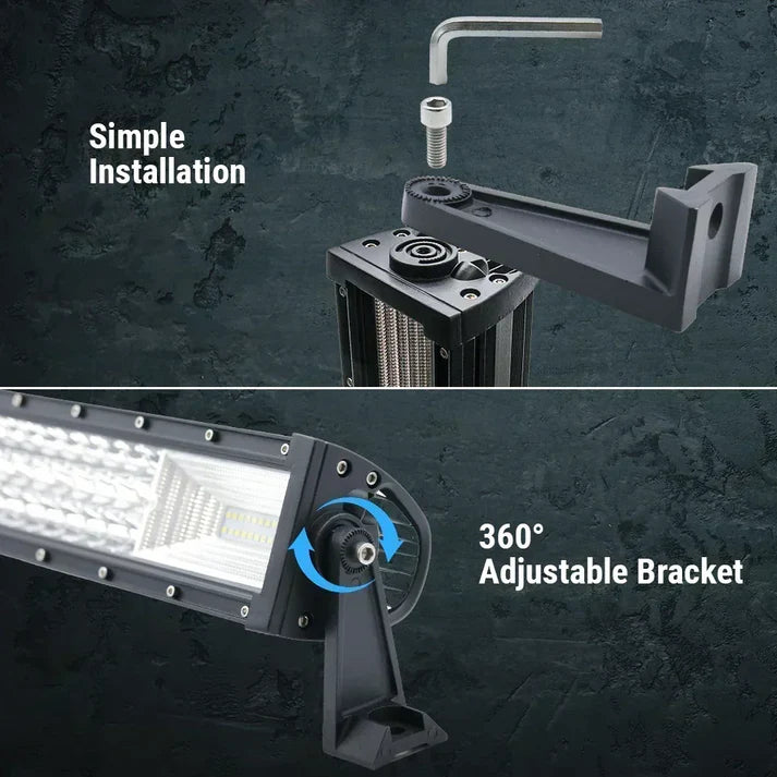 Two-panel product feature graphic showing a black LED light bar and adjustable mounting bracket. The top panel shows simple installation with a hex wrench and the text 'Simple Installation.