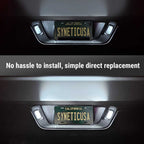 A split-screen comparison showing a license plate light installed above a California license plate in two vehicle trunk compartments. The top panel is dark, and the bottom panel is illuminated, showing the light turned on.