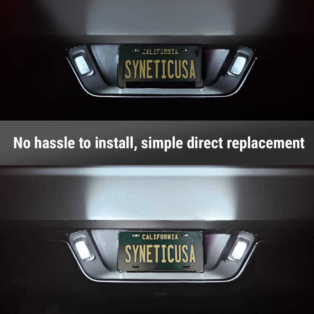 A split-screen comparison showing a license plate light installed above a California license plate in two vehicle trunk compartments. The top panel is dark, and the bottom panel is illuminated, showing the light turned on.